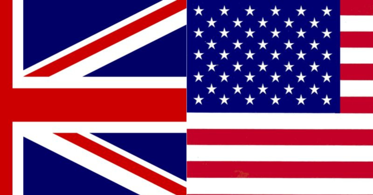 Side by side halved United kingdom flag and USA flag